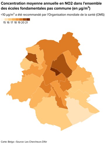 Mean concentration of NO2 in schools by commune (μg/m3)
Source : Les Chercheurs d’Air